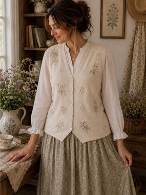 Vintage Light pink Floral Embroidered Button Front Vest - Women's